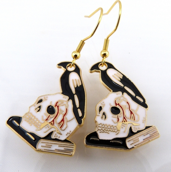 Raven on Skull Mysterious Black Bird Book of Poet Halloween Goth Spooky Earrings - Picture 4 of 7